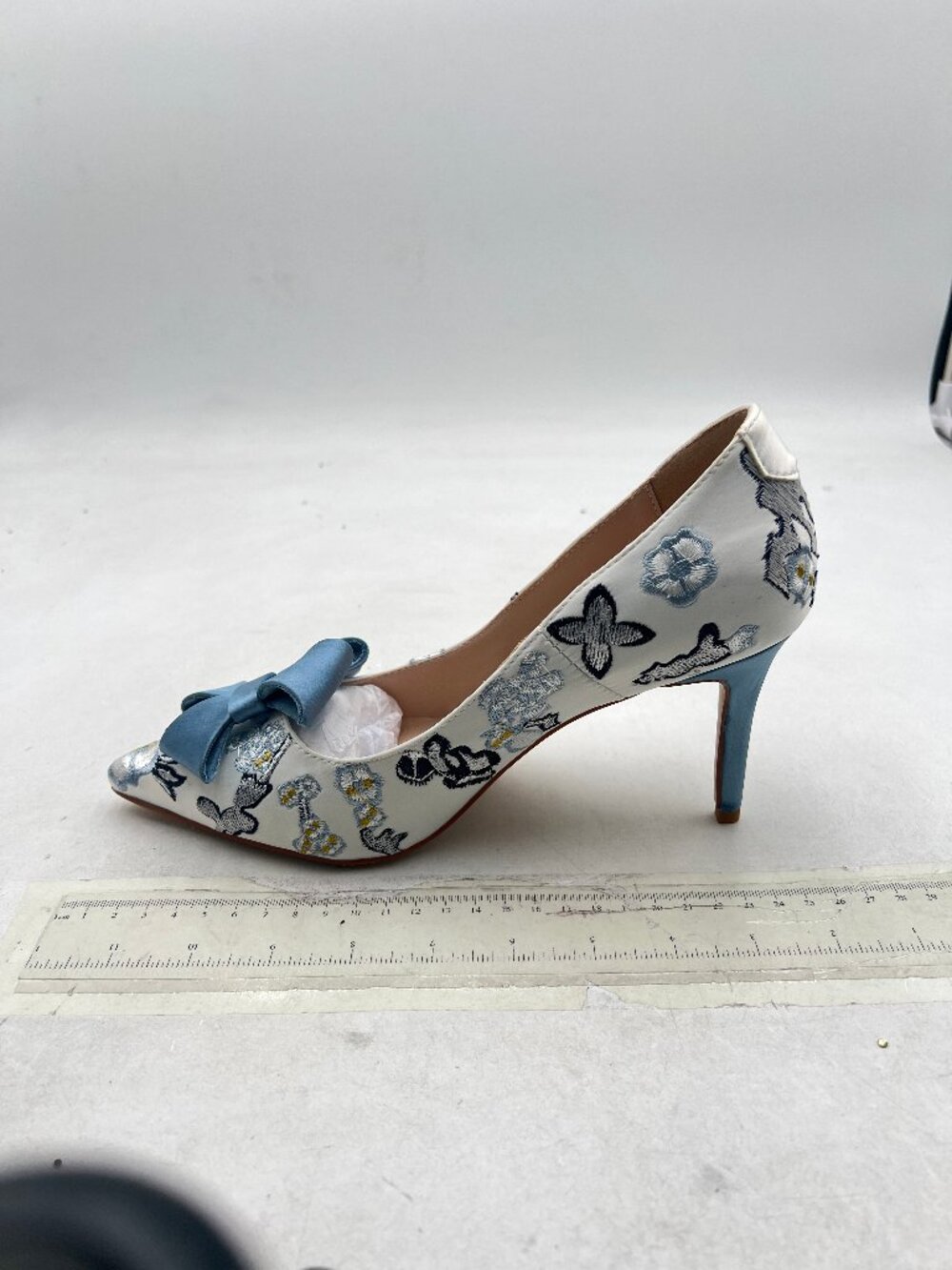 XYD Blue Bloom Embroidery High Heels Bridal Bowknot Elegant Pointed Toe Pumps